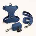 Denim dog harness, leash and waste bag holder set