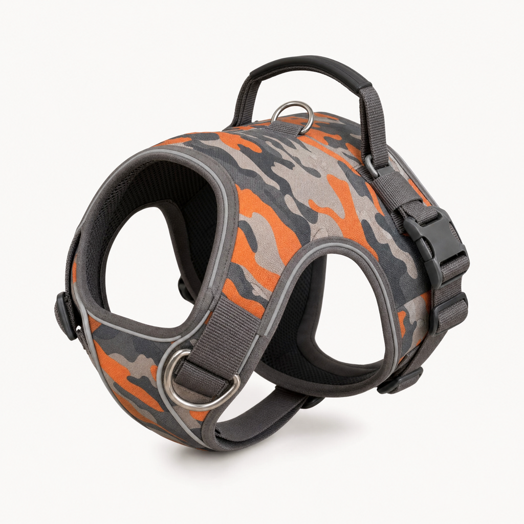 Orange camo no-pull dog harness with grab handle