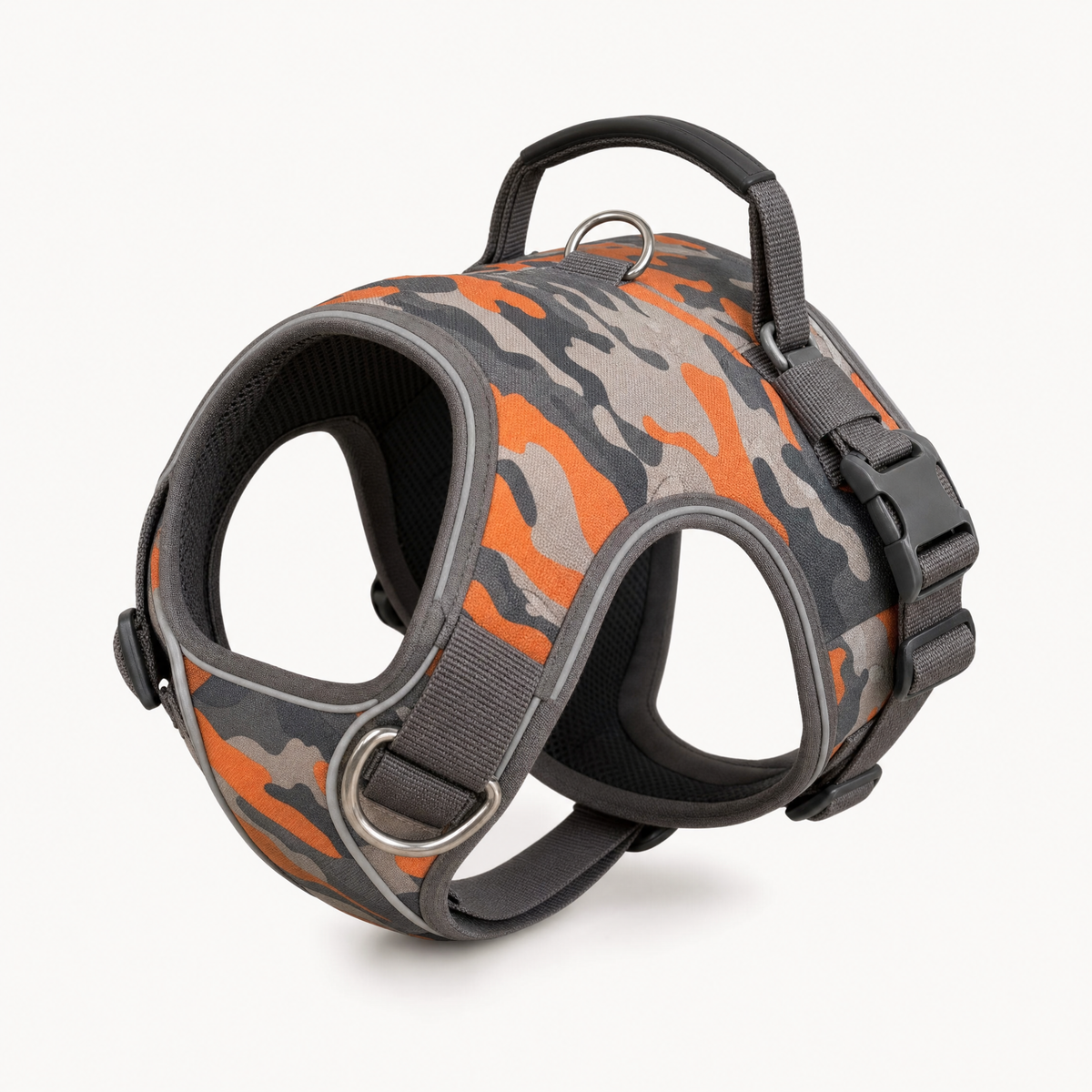 Orange camo no-pull dog harness with grab handle