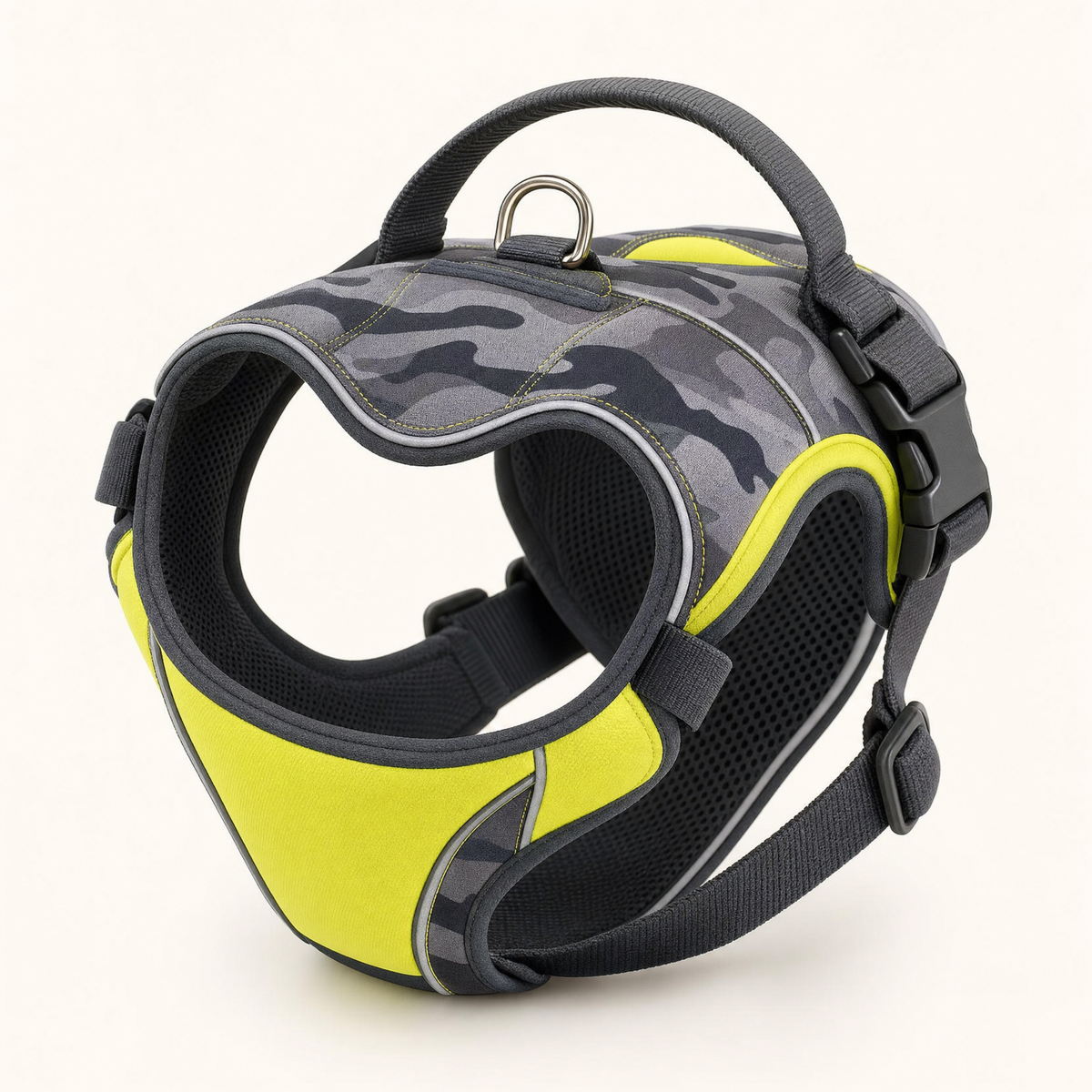 High visibility camo no-pull dog harness with grab handle
