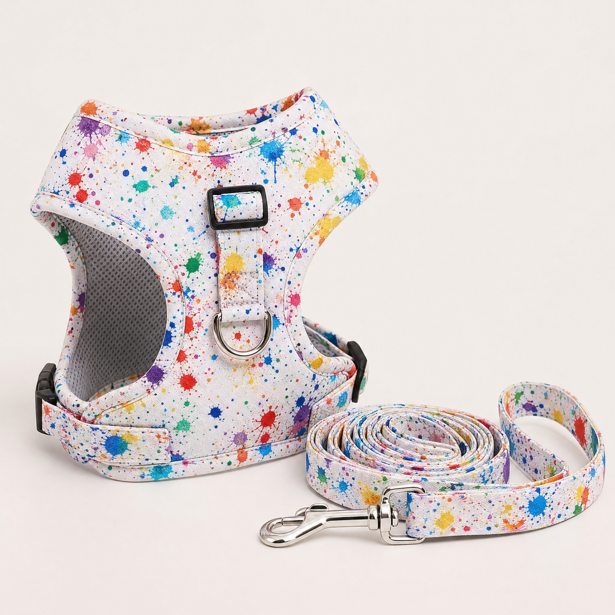 Paint splatter print no-pull dog harness and leash set
