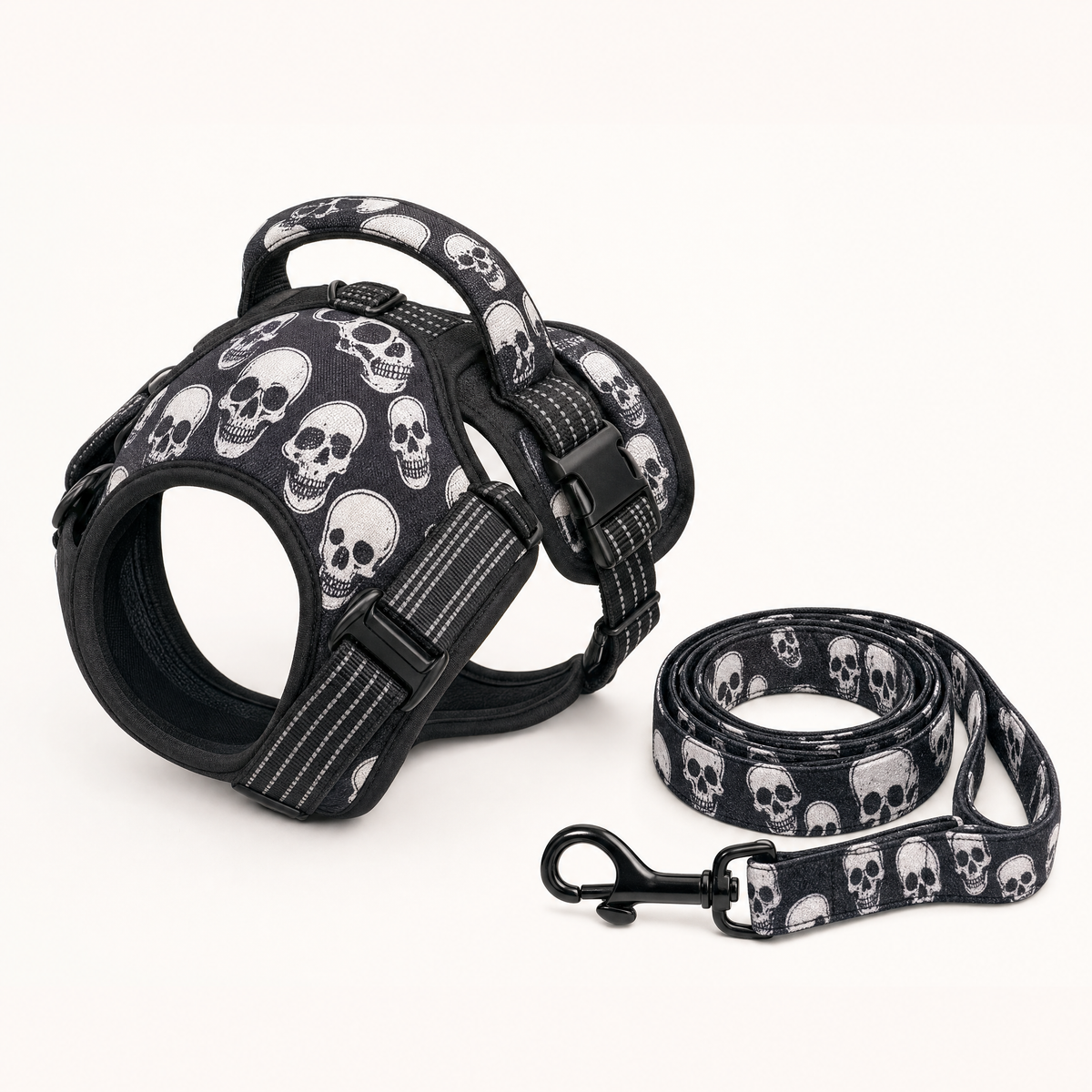 Skull print no-pull dog harness and matching leash set