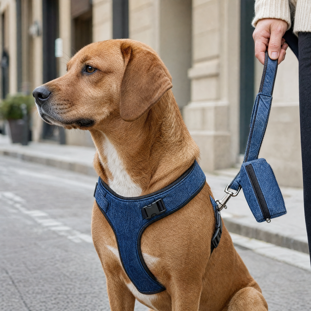 Dog wearing the denim harness with the matching leash