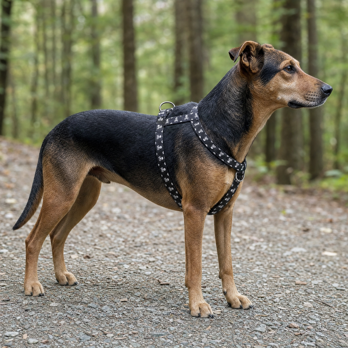 Dog wearing the skull print no-pull harness on a trail