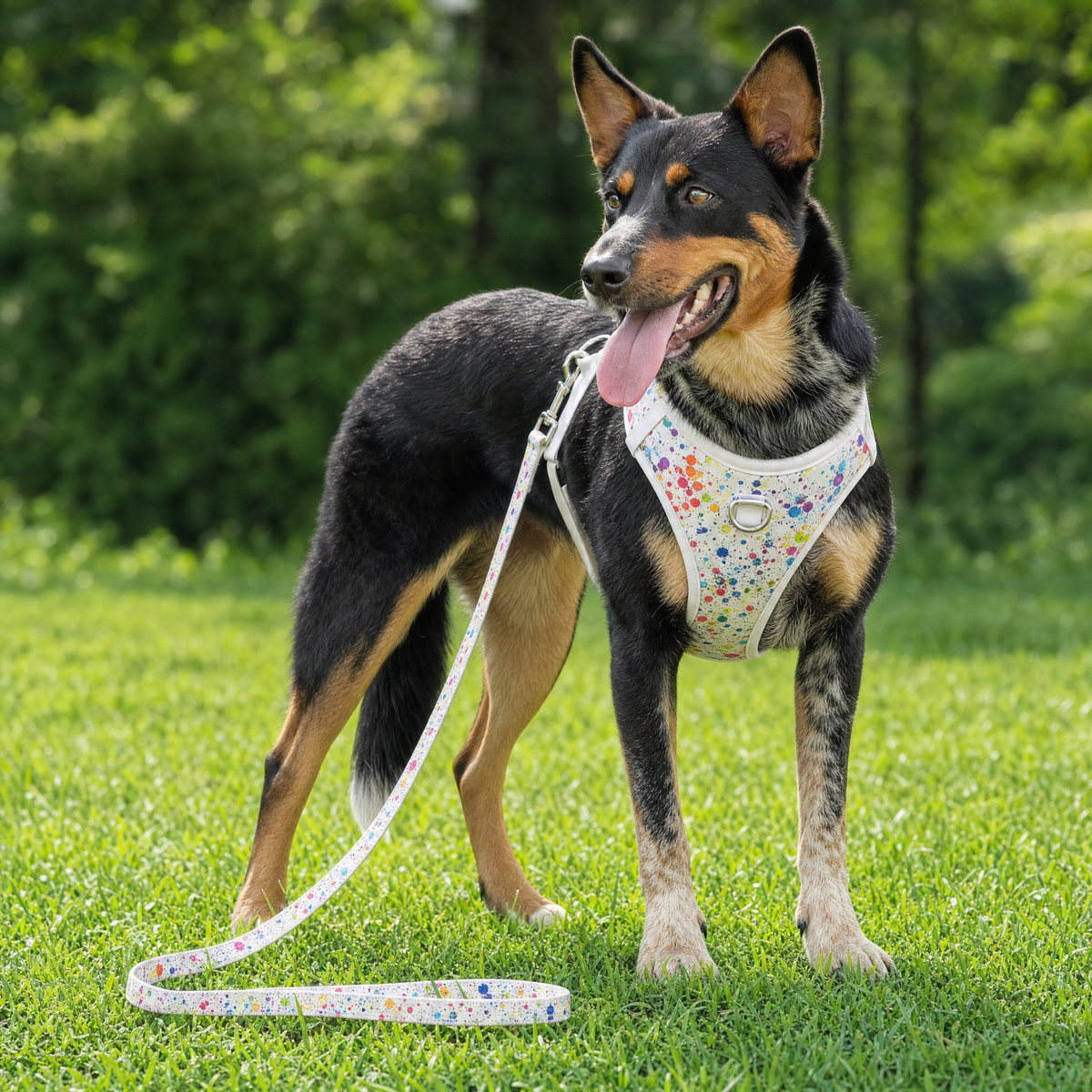 Dog wearing the paint splatter harness on a lawn