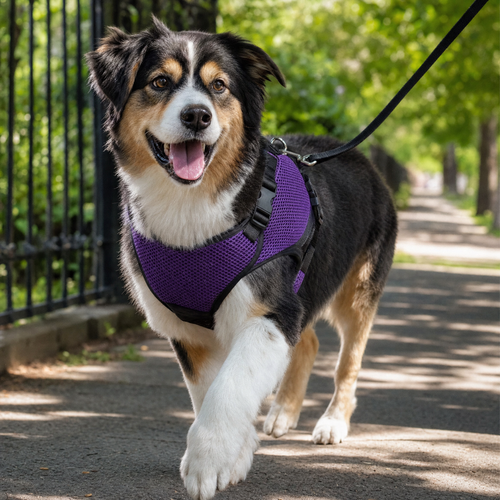 Dog wearing the purple cooling mesh harness on a summer walk