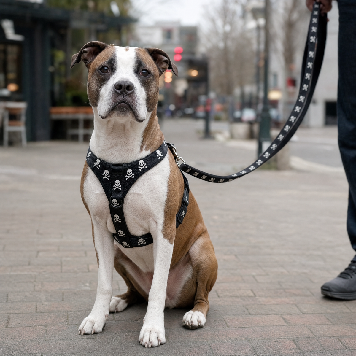 Dog wearing the skull print harness with the matching leash attached