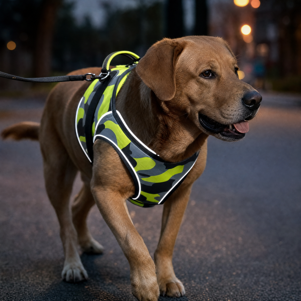 Dog wearing the high visibility harness at dusk