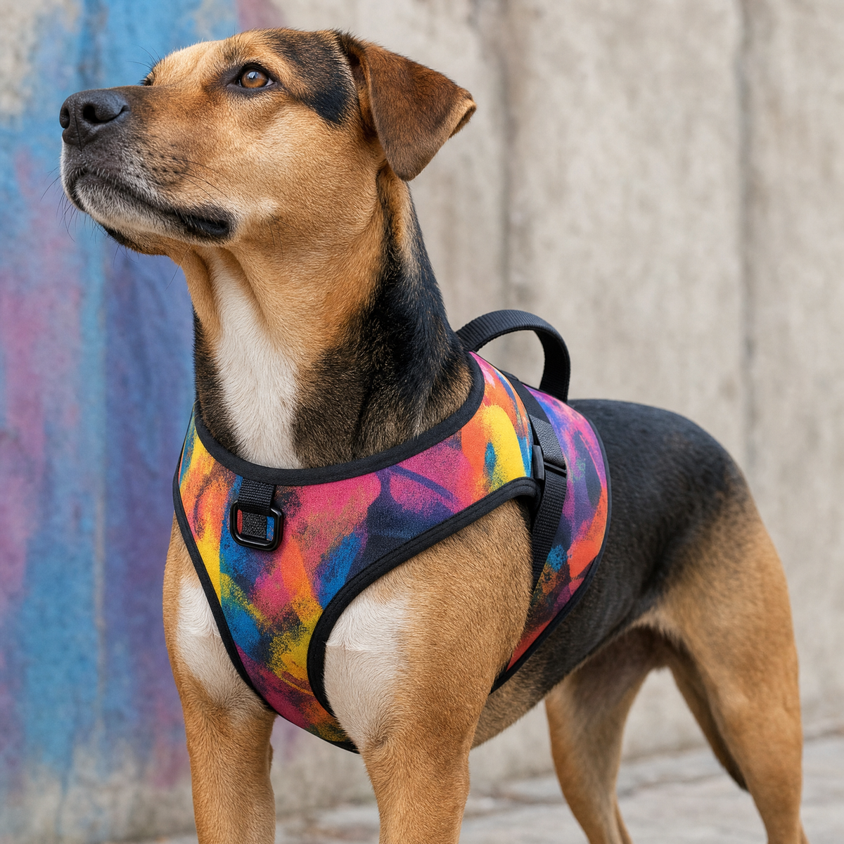 Dog wearing the graffiti print harness against a concrete wall