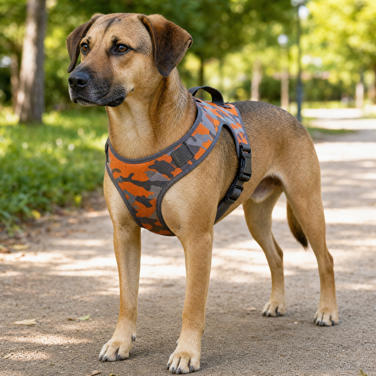 Dog wearing the orange camo no-pull harness on a park path
