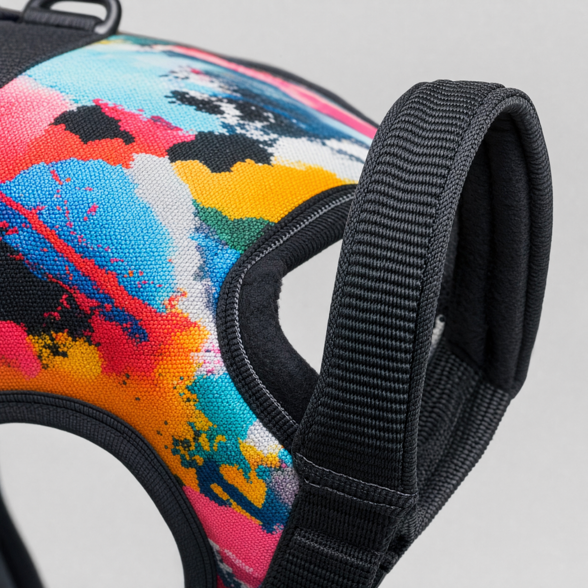 Close-up of the graffiti print fabric and grab handle
