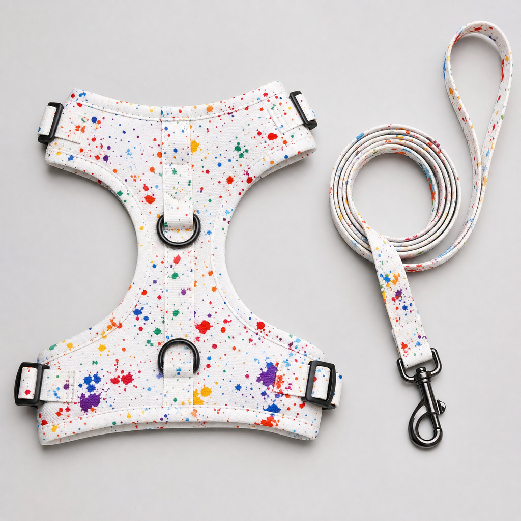 Flat lay of the paint splatter harness and leash