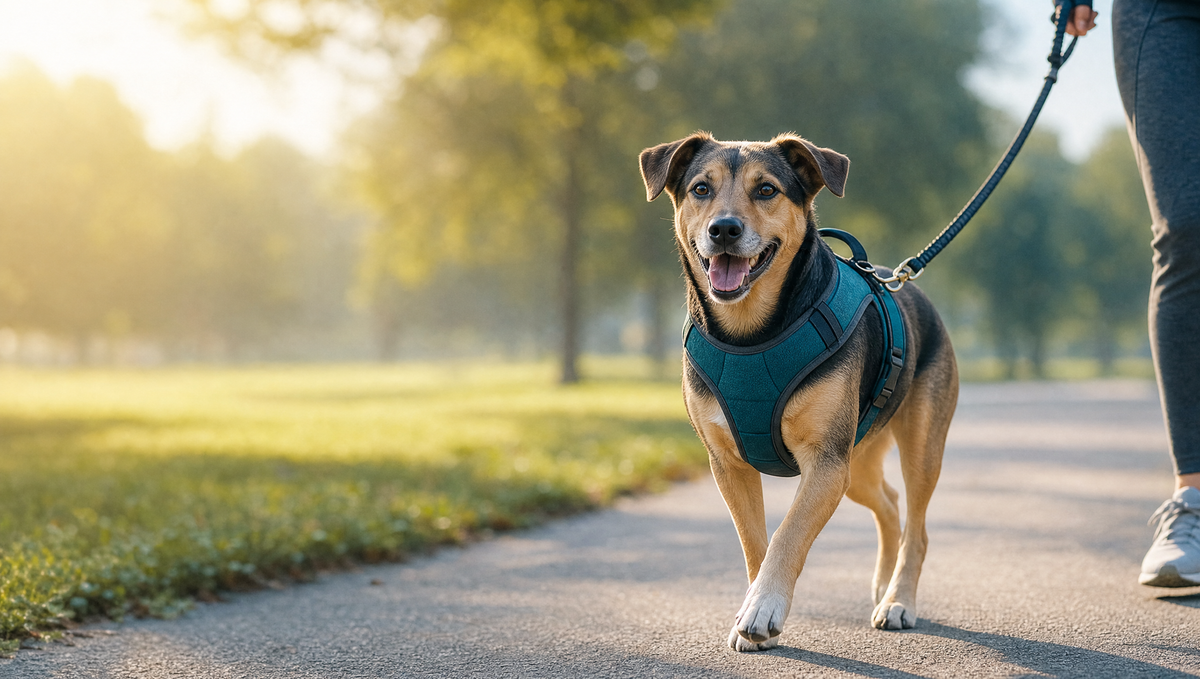 Dog wearing a teal no-pull harness on a sunlit park path