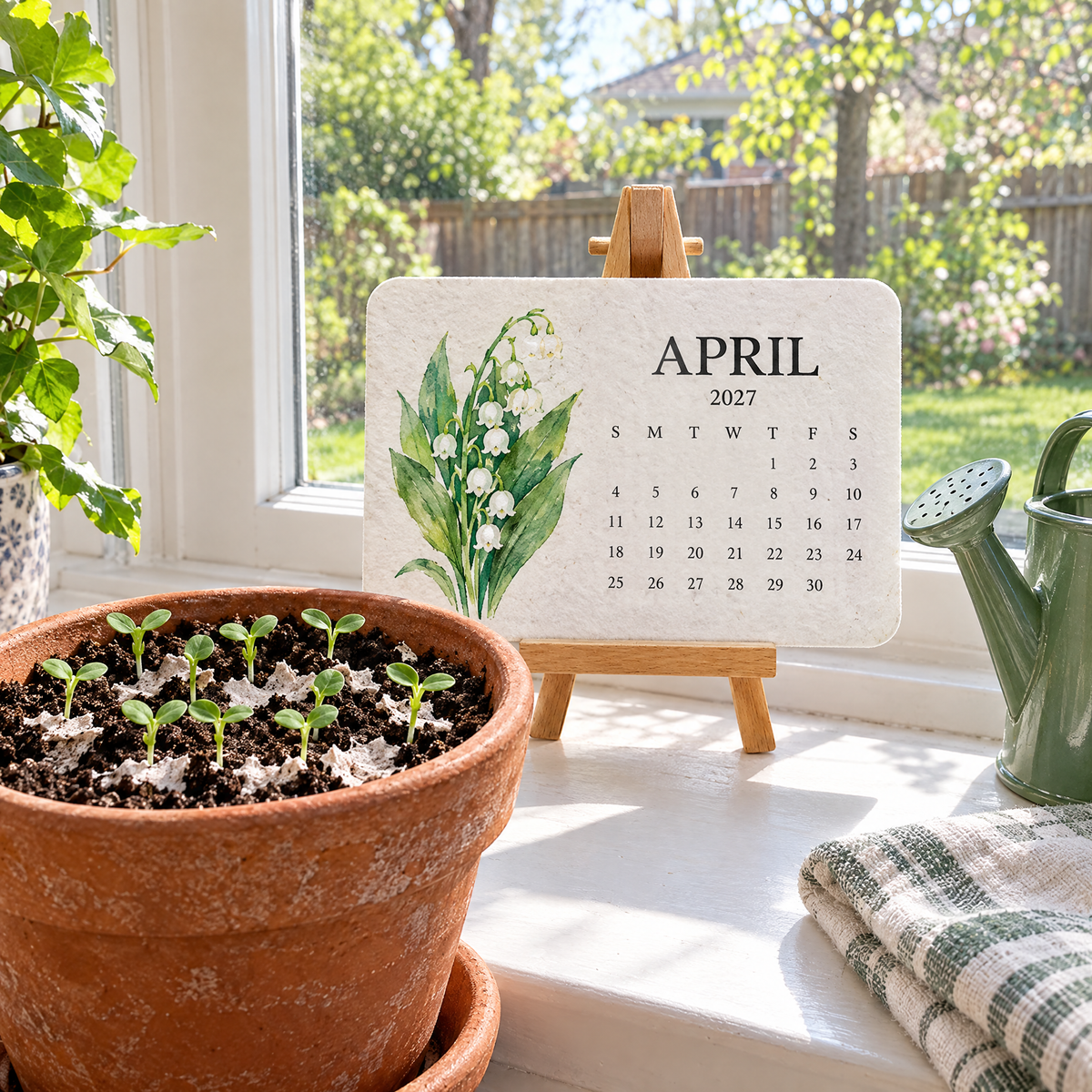 Seedlings coming up in a pot on a kitchen windowsill, with the April card on its easel