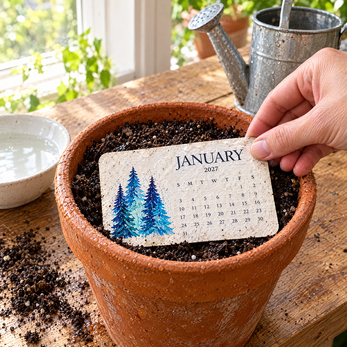 A hand lays the finished January card on soil in a terracotta pot