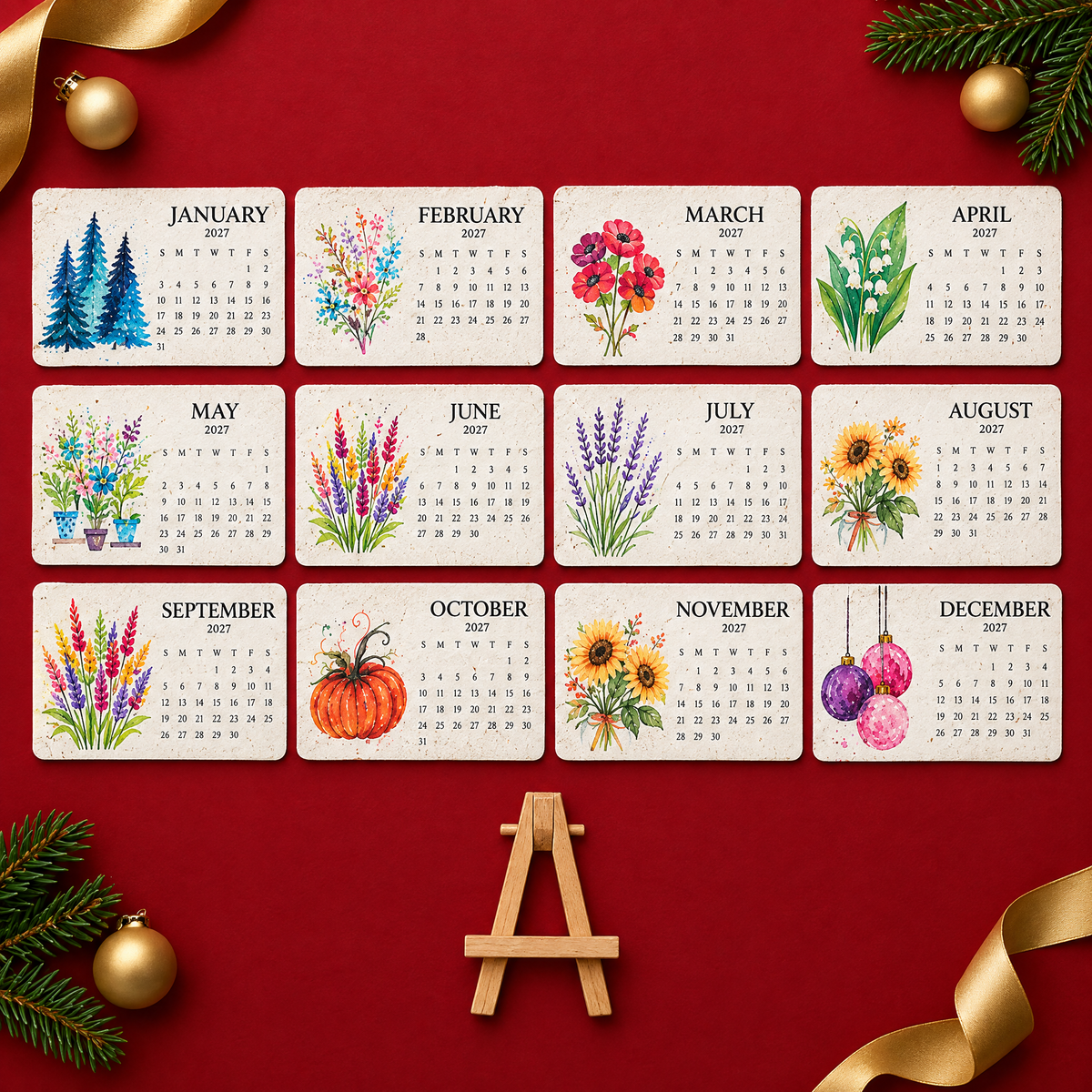 Twelve seed paper month cards for 2027 with the wooden easel