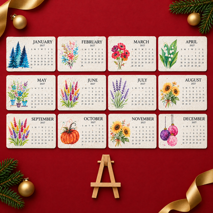 Twelve seed paper month cards for 2027 with the wooden easel