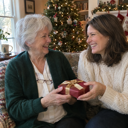 A daughter hands her mother a Christmas present wrapped in red paper and gold ribbon, both laughing