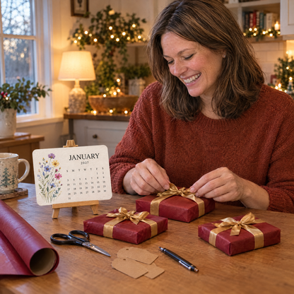 A woman wrapping three presents in red paper and gold ribbon at her kitchen table