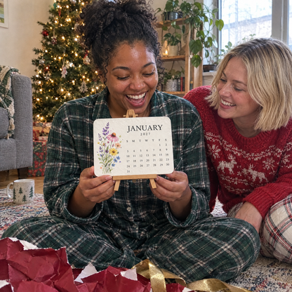 A woman of about thirty in pajamas holds up the January 2027 seed paper calendar, laughing, her friend beside her
